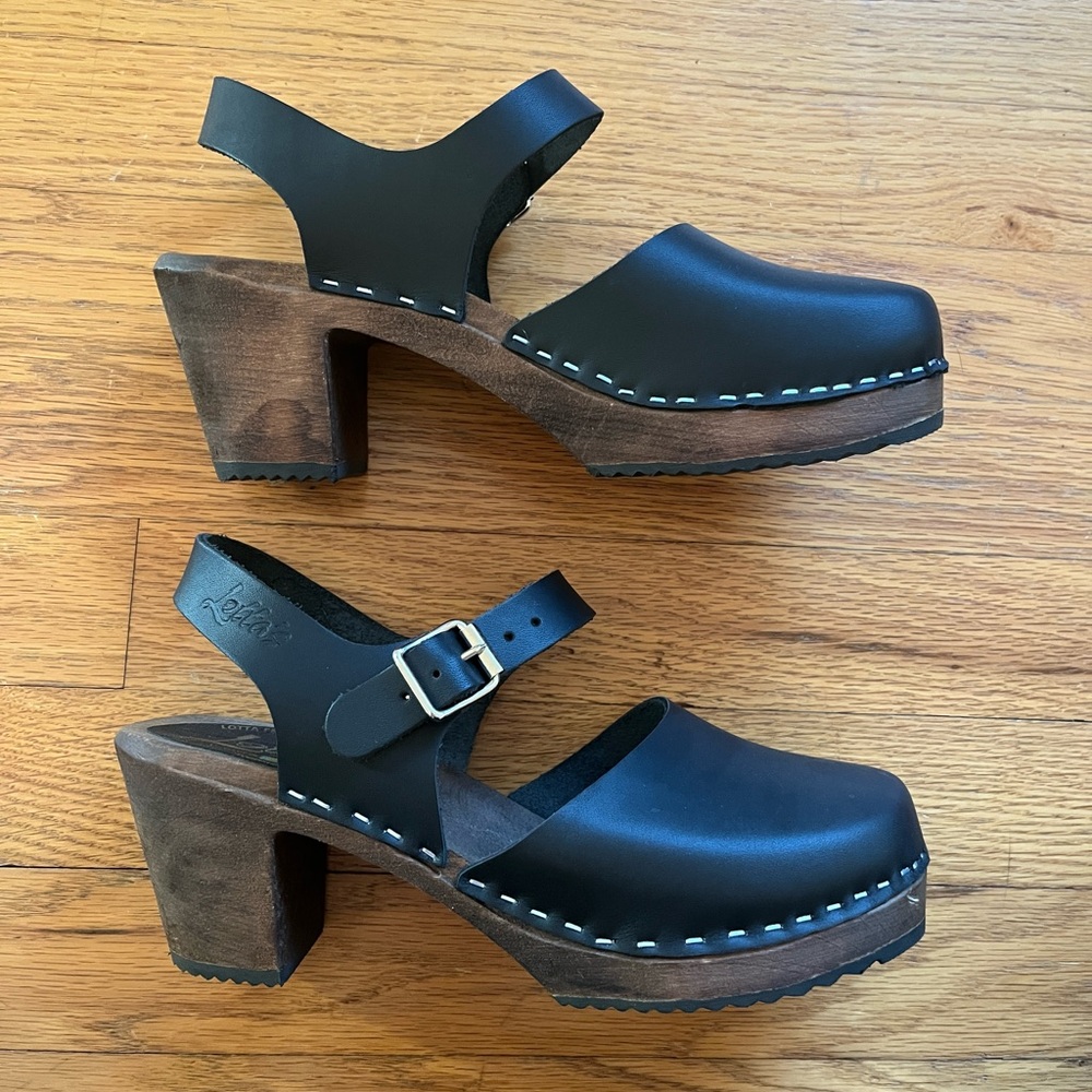 Lotta From Stockholm Black Leather Wooden-Platform Clog Heels